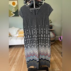 Cap-Sleeve Midi Dress in Black & White with Multicolor Chevron Hem